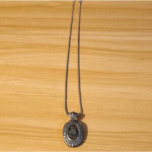 Silver Tone Oval Pendant Necklace with Multicolor Stone and Snake Chain